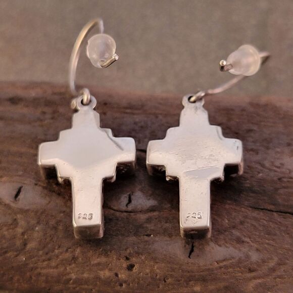 Vintage Sterling Cross Green Turquoise Drop Dangle Earrings - Picture 4 of 5